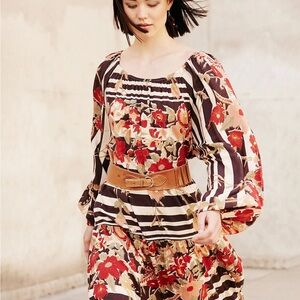 $355 Mes Demoiselles Floral & Stripe Peasant Blouse - Red, Black, Cream